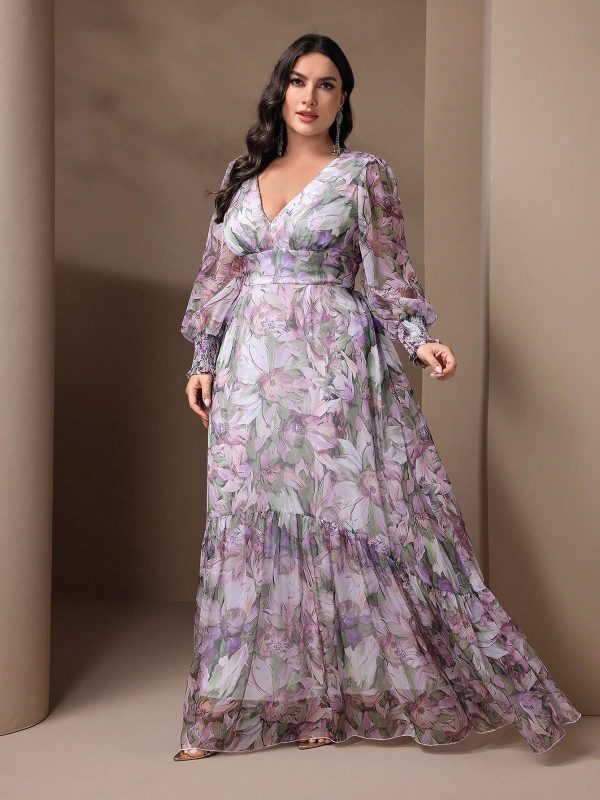 71yOnVQHsfL.jpg Spring Summer 2024 Plus Size Womens Dresses V Neck Casual Elegant Ruffle Sleeve Floral Print Layer Hem Long Maxi Dress