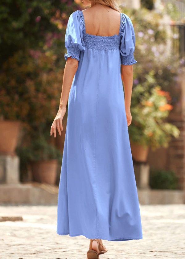 Women 2025 Summer Maxi Dress Casual Loose Puff Sleeve Square Neck Maternity Flowy Long Beach Dresses with Pockets
