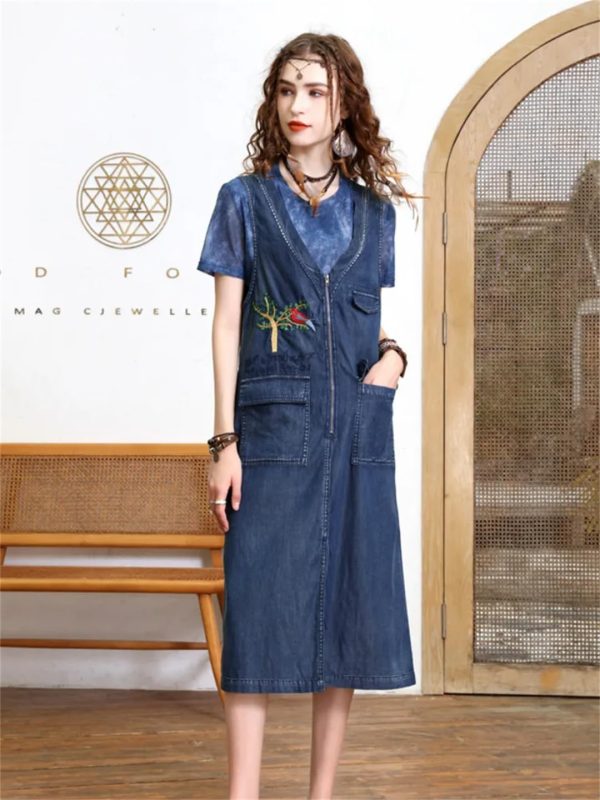 71zxFfPUl2L.jpg Women Summer Sleeveless Denim Dress V-Neck Zipper Embroidery Vintage Midi Dress Pockets Overall Jeans Dress