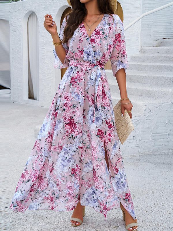 Womens Half Sleeve Wrap V Neck Chiffon Floral Casual Maxi Dress Spring Summer Wedding Guest Dresses for Women 2025