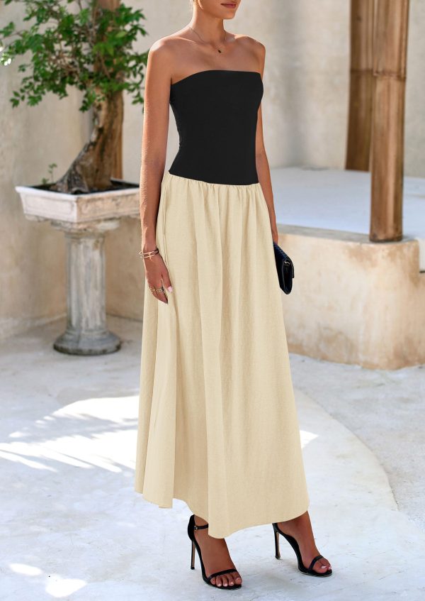 81-vKI6HA2L.jpg Women's 2025 Spring Strapless Maxi Dresses Patchwork Long Flowy Pockets Elegant Going Out Summer Tube Top Dress