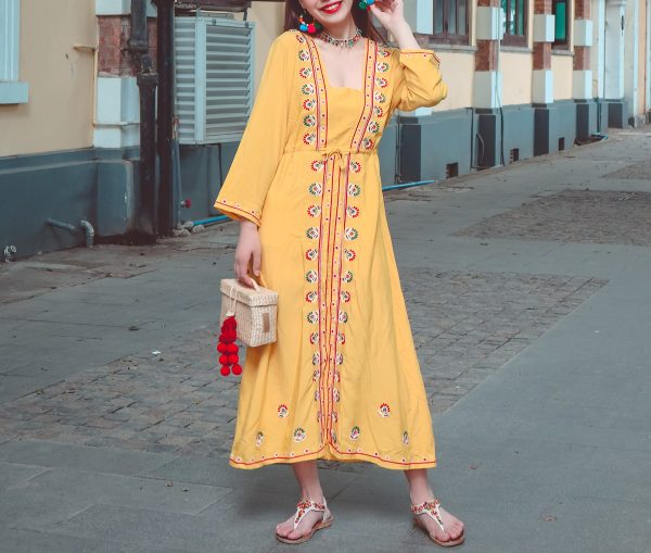 Summer Scoop Neckline Long Sleeves Bow Blet Vacation Travel Hooded Maxi Dress