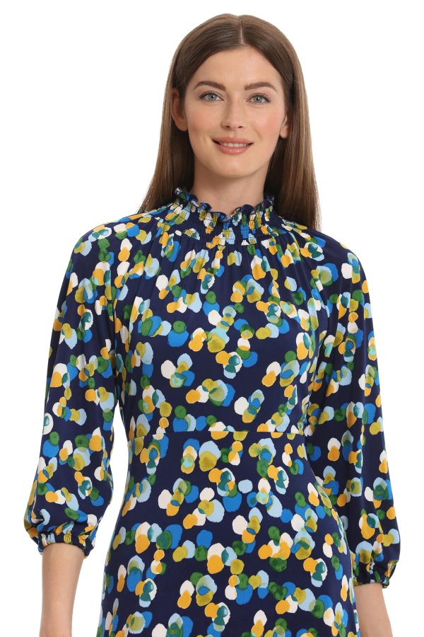 Women's Mini Ruffle Smocked Mock Neck Midi Dress