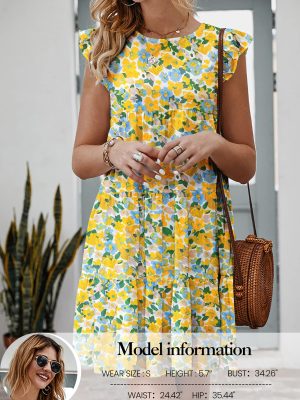 Women's Summer Dresses Sleeveless Ruffle Sleeve Round Neck Solid Loose Short Flowy Pleated Mini Babydoll Dress