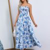 Women's Floral Print Shirred Cami Dress Spaghetti Strap Sleeveless High Waist Flare Long Dress