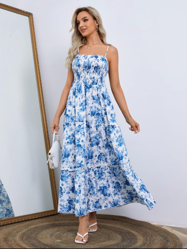Women's Floral Print Shirred Cami Dress Spaghetti Strap Sleeveless High Waist Flare Long Dress