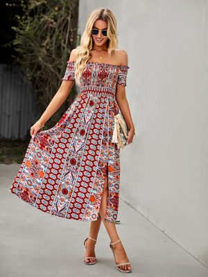 815iVPQvUgL.jpg Women's Off The Shoulder Dresses Boho Flowy Smocked Maxi Sundress Beach Vacation Summer Dress 2024