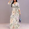 Women's Casual Floral Maxi Dresses V Neck 3/4 Sleeve Tie Waist Dress Summer Dresses for Women 2025