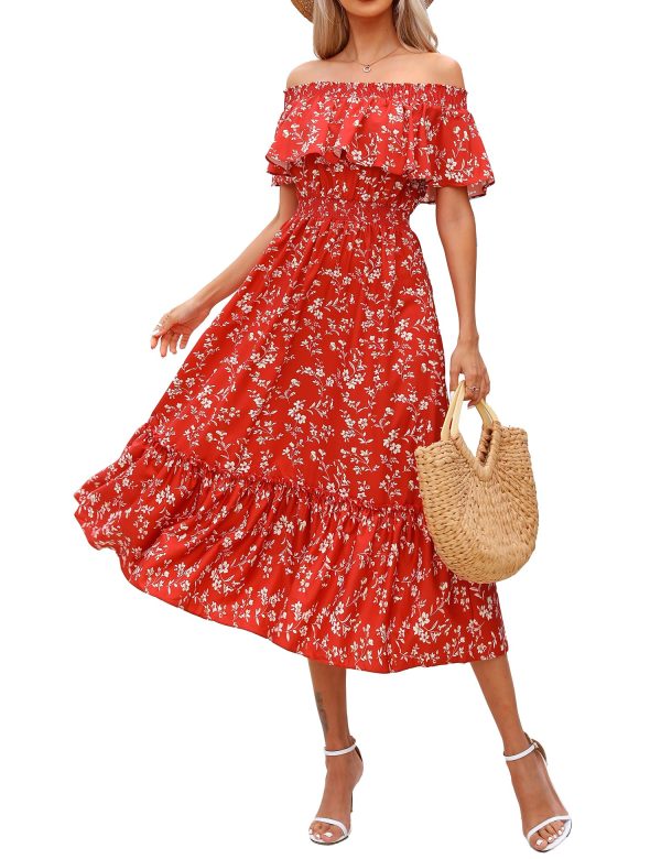 8176kBZsdfL.jpg Women's 2025 Spring Summer Boho Off Shoulder Midi Dress Floral Short Sleeve A Line Casual Beach Vacation Dresses