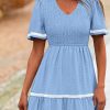 Women's Casual Summer Maxi Dress Short Sleeve Swiss Dot V Neck Smocked Long Flowy Beach Dresses