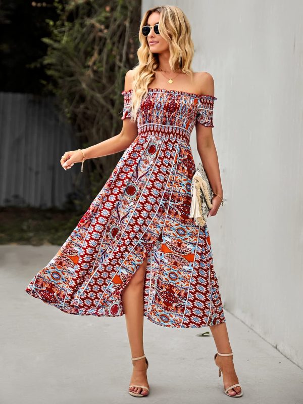 Women's Off The Shoulder Dresses Boho Flowy Smocked Maxi Sundress Beach Vacation Summer Dress 2024