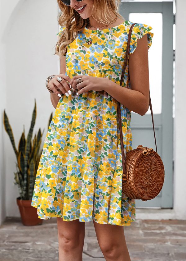 819RjU7s0QL.jpg Women's Summer Dresses Sleeveless Ruffle Sleeve Round Neck Solid Loose Short Flowy Pleated Mini Babydoll Dress