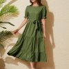 819SdJhrw3L.jpg Women's Tiered Midi Dress with Tie Waist Flowy Summer Casual Short Sleeve Boho Swing Dress with Pocket