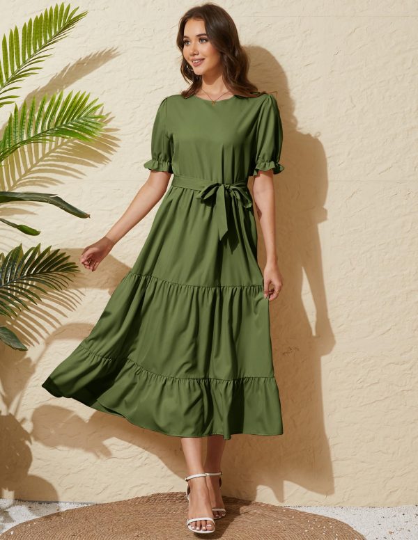 819SdJhrw3L.jpg Women's Tiered Midi Dress with Tie Waist Flowy Summer Casual Short Sleeve Boho Swing Dress with Pocket