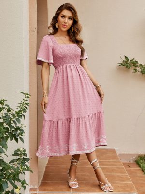 Women's Short Sleeve Smocked Square Neck A Line Summer Flowy Maxi Long Dress