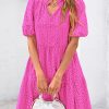 Eyelet Summer Dresses for Women Mini Casual Hollow Out Short Sleeve Lace Tiered V Neck Shift Dress with Pockets