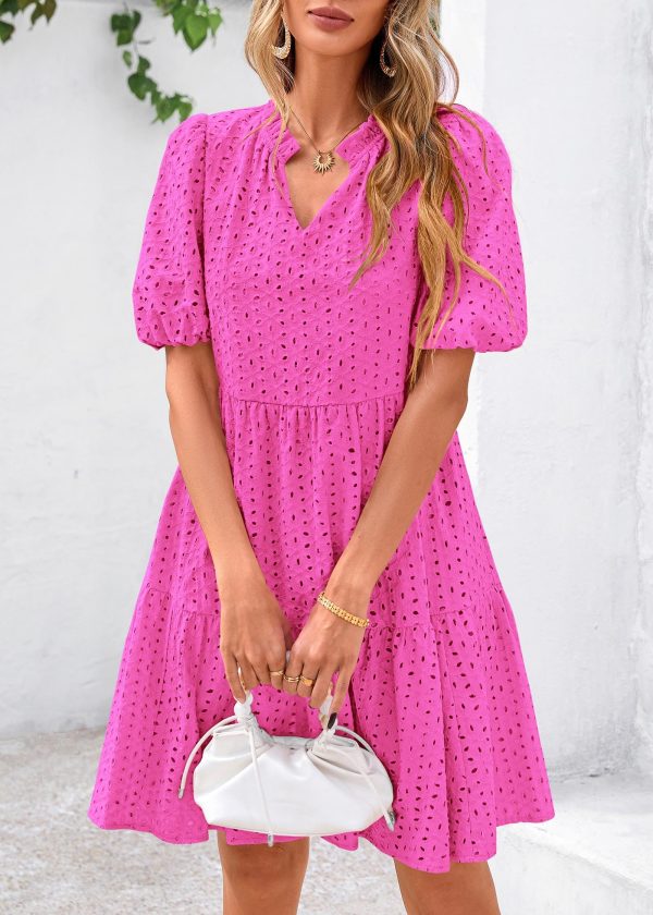 Eyelet Summer Dresses for Women Mini Casual Hollow Out Short Sleeve Lace Tiered V Neck Shift Dress with Pockets