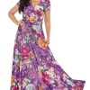Womens Long Maxi Summer Floral Print Short Sleeve Flowy Modest Maxi Dress Gown