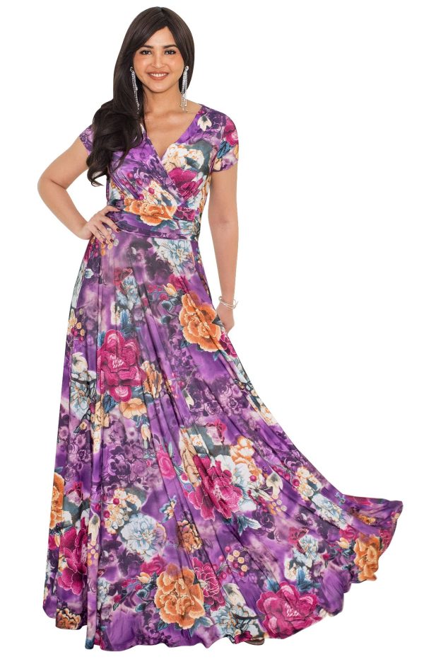 Womens Long Maxi Summer Floral Print Short Sleeve Flowy Modest Maxi Dress Gown