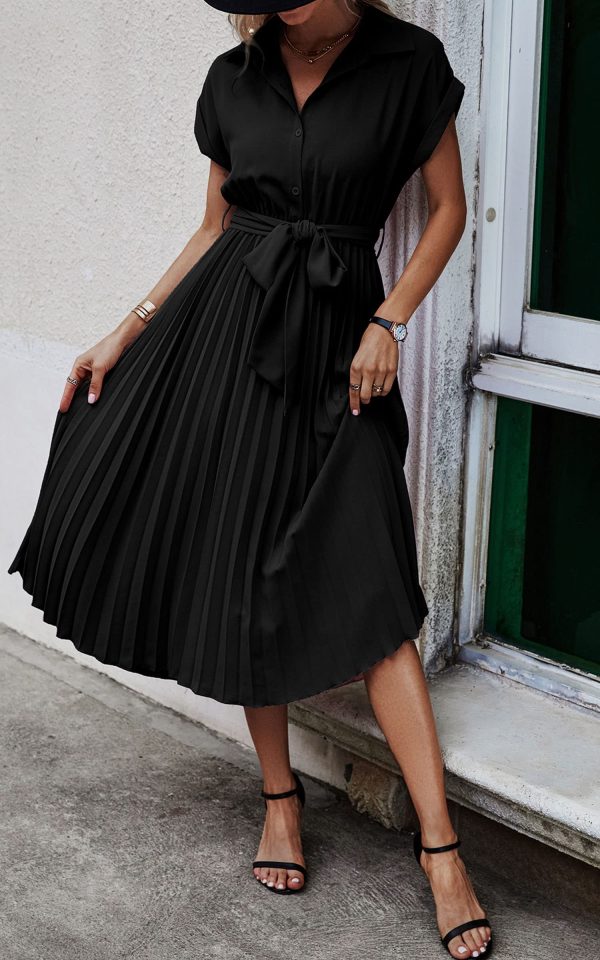 81CmliRB3dL.jpg Womens Casual Midi Dresses Solid V Neck Short Sleeve Button Shirt Belted Dress with Pockets for Spring Summer 2025