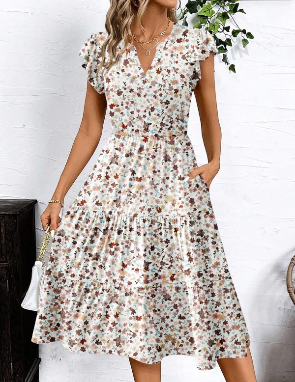 Womens Summer Casual Dresses Ruffle Sleeve V Neck Midi Dress Flowy Tiered Dress with Pockets Boho Sundresses