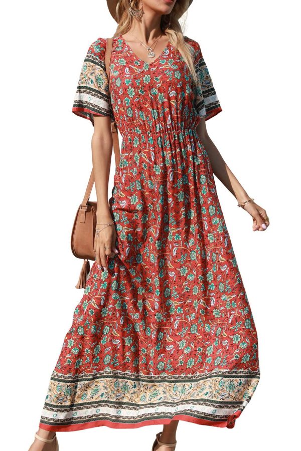 81E1mQdq46L.jpg Women's Summer Boho Floral Dress Casual Beach Vacation Sundress V Neck Short Sleeve Long Maxi Dresses