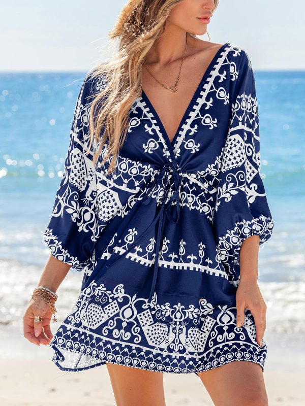 81ELbufIcaL.jpg Women Casual Boho Sundress Summer Floral Print Tie Front Dress 3/4 Sleeves Paisley Beach Mini Dresses