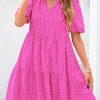 Eyelet Summer Dresses for Women Mini Casual Hollow Out Short Sleeve Lace Tiered V Neck Shift Dress with Pockets