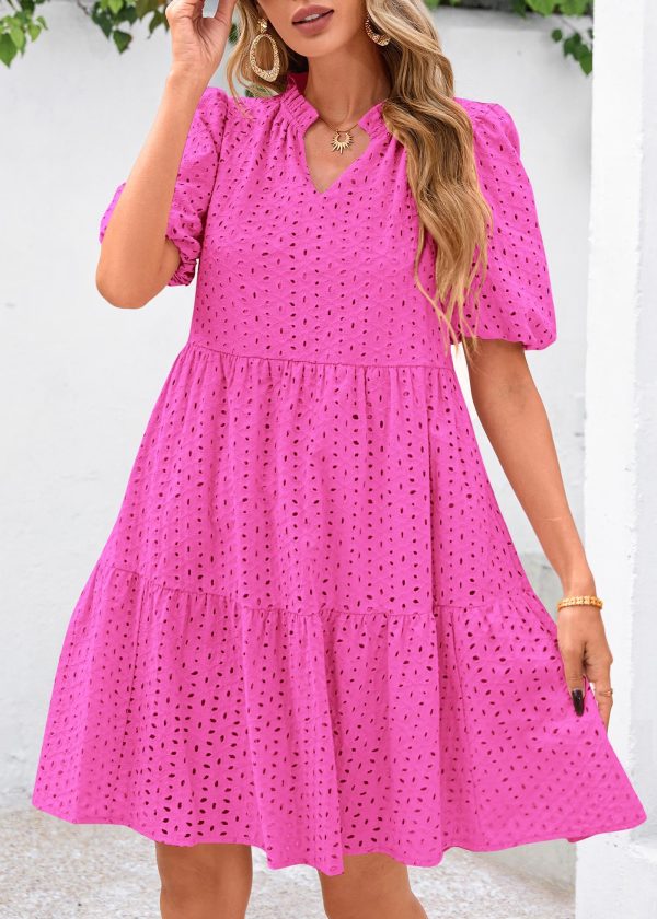 Eyelet Summer Dresses for Women Mini Casual Hollow Out Short Sleeve Lace Tiered V Neck Shift Dress with Pockets