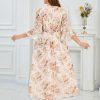 81EuX-aN3AL.jpg Women's V Neck Floral Dress Bell Half Sleeve Smocked Waist Side Split Flowy A Line Maxi Wedding Guest Dresses