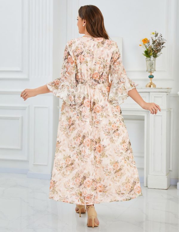 81EuX-aN3AL.jpg Women's V Neck Floral Dress Bell Half Sleeve Smocked Waist Side Split Flowy A Line Maxi Wedding Guest Dresses