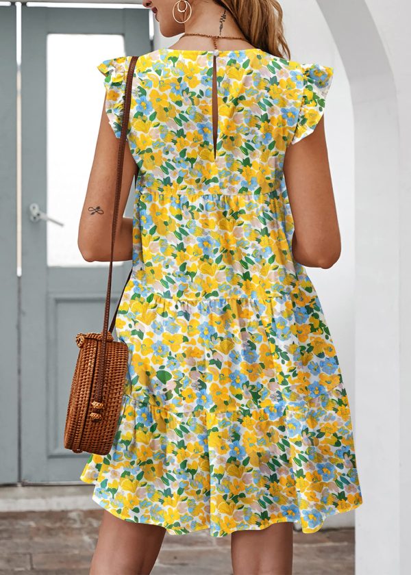 81FM-9ndIKL.jpg Women's Summer Dresses Sleeveless Ruffle Sleeve Round Neck Solid Loose Short Flowy Pleated Mini Babydoll Dress