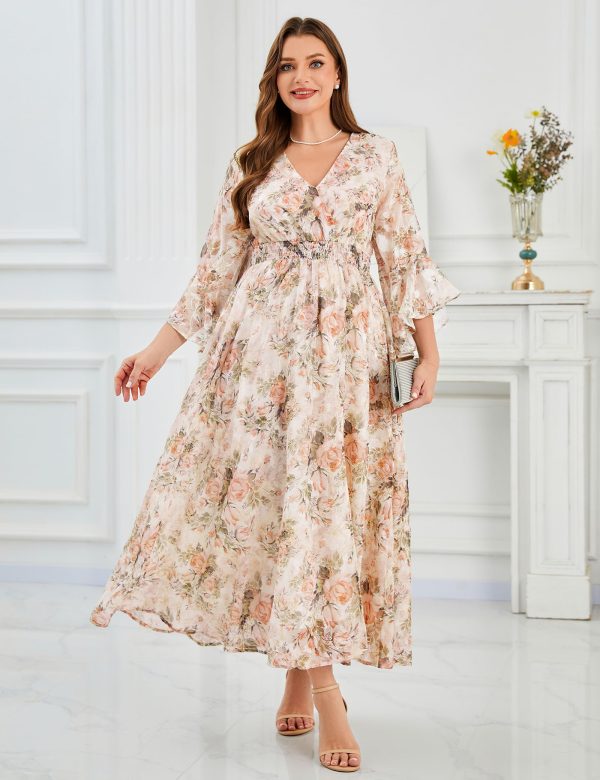 81Flv5z-VL.jpg Women's V Neck Floral Dress Bell Half Sleeve Smocked Waist Side Split Flowy A Line Maxi Wedding Guest Dresses