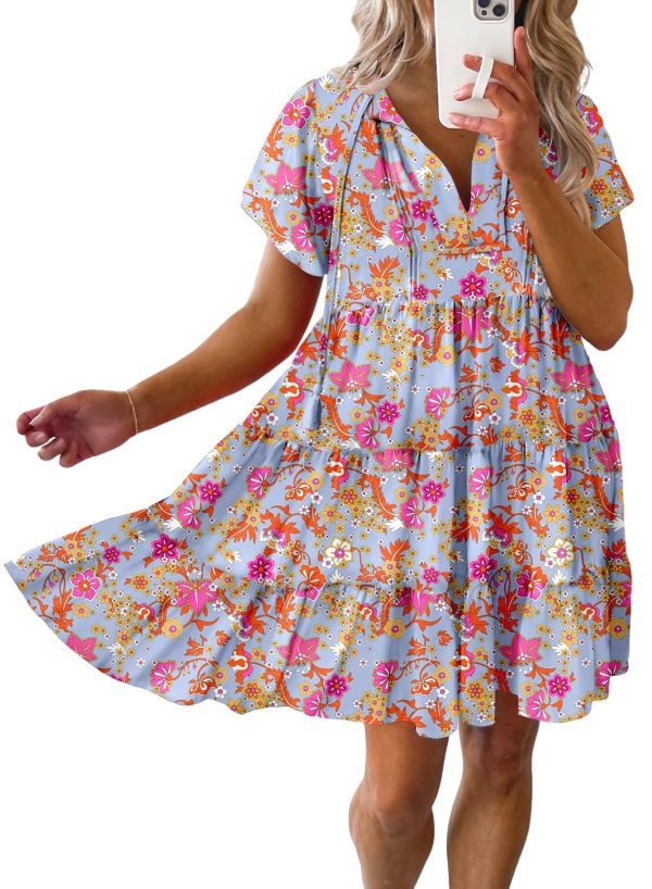 81GQTV-Gb4L.jpg Womens Summer Casual Boho Floral Dresses V Neck Short Sleeve Sundresses Flowy Swing A-Line Mini Dress