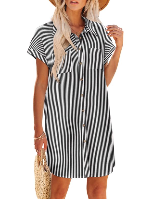 81GbTyOBdBL.jpg Womens Button Down Shirt Dress Summer Cotton Linen Dress V-Neck Mini Dress Casual Short Sleeve Loose Tunic Dresses