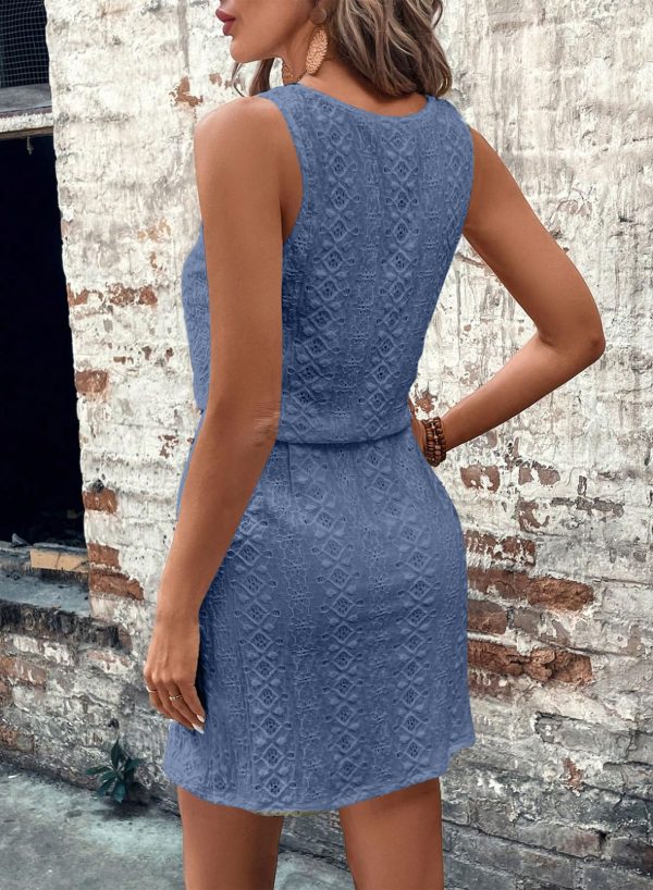 Spring Summer Tank Dresses for Women 2025 Hollow Out Textured Drawstring Mini Dress