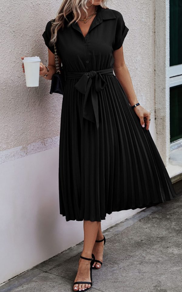 81GuFElBeFL.jpg Womens Casual Midi Dresses Solid V Neck Short Sleeve Button Shirt Belted Dress with Pockets for Spring Summer 2025