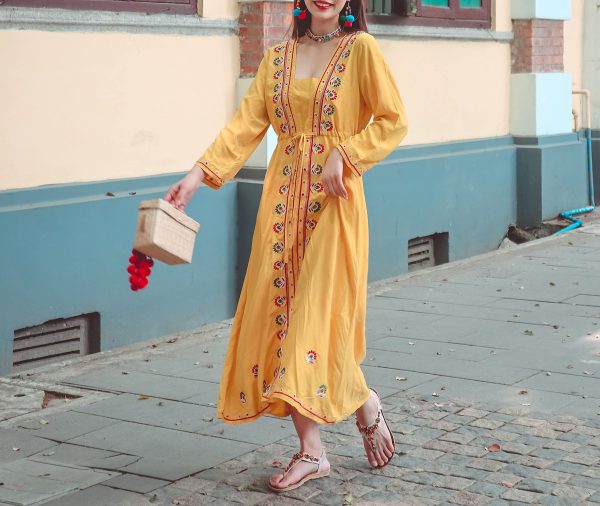 Summer Scoop Neckline Long Sleeves Bow Blet Vacation Travel Hooded Maxi Dress