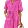Eyelet Summer Dresses for Women Mini Casual Hollow Out Short Sleeve Lace Tiered V Neck Shift Dress with Pockets