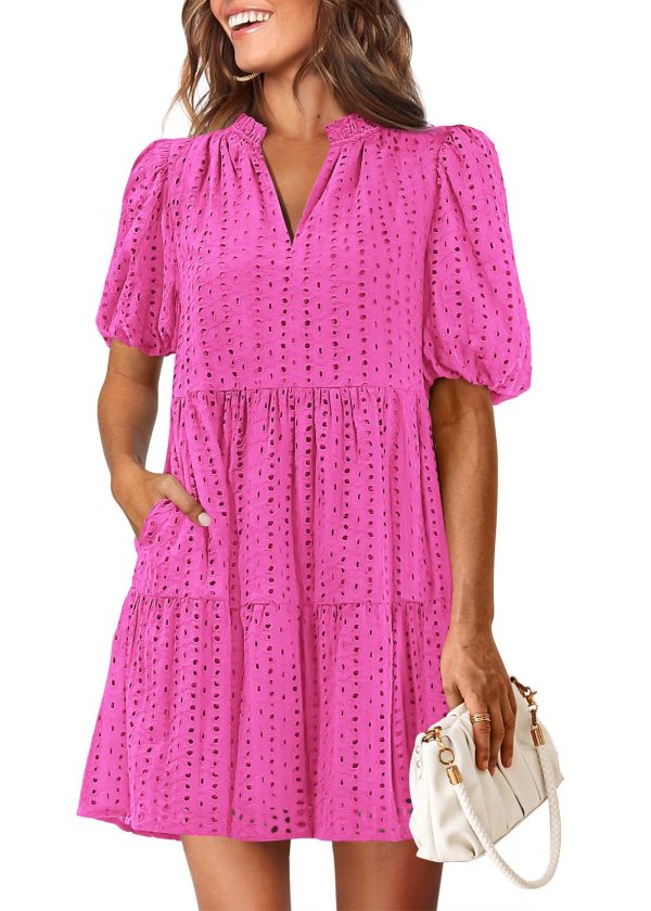 Eyelet Summer Dresses for Women Mini Casual Hollow Out Short Sleeve Lace Tiered V Neck Shift Dress with Pockets
