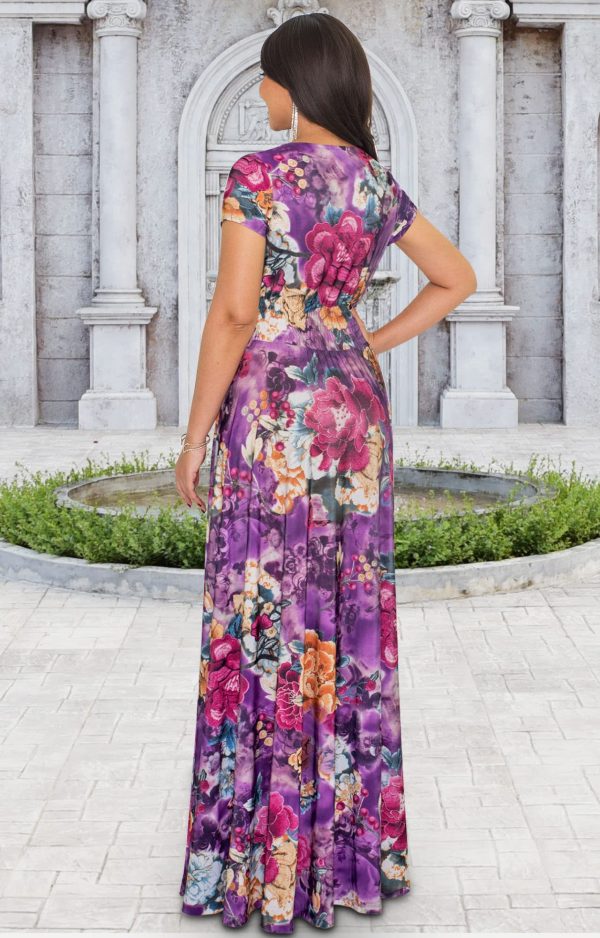 Womens Long Maxi Summer Floral Print Short Sleeve Flowy Modest Maxi Dress Gown