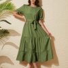 81KQcwaAbaL.jpg Women's Tiered Midi Dress with Tie Waist Flowy Summer Casual Short Sleeve Boho Swing Dress with Pocket