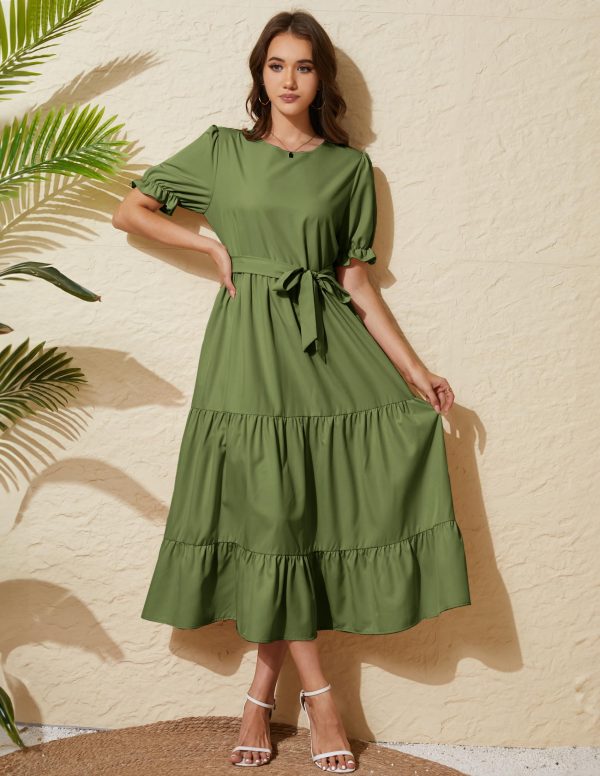 81KQcwaAbaL.jpg Women's Tiered Midi Dress with Tie Waist Flowy Summer Casual Short Sleeve Boho Swing Dress with Pocket