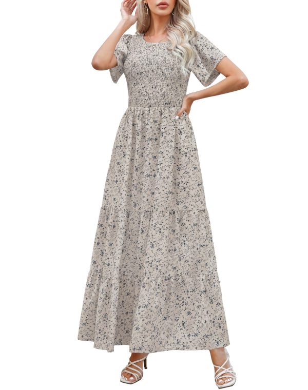 81KXYV9lPDL.jpg Women Summer Dress Round Neck Flutter Short Sleeve Smocked Ruffle Tiered Floral Maxi Dress 2024