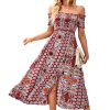 Women's Off The Shoulder Dresses Boho Flowy Smocked Maxi Sundress Beach Vacation Summer Dress 2024