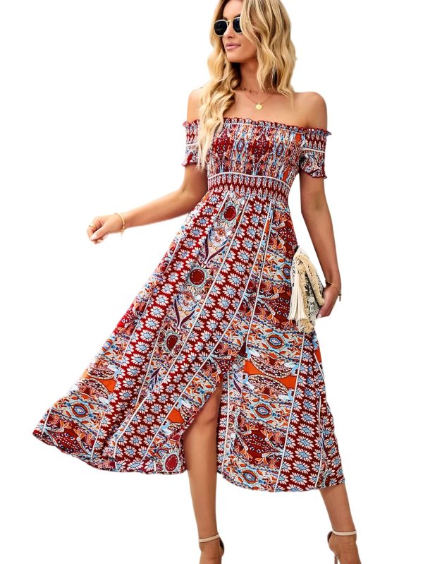 Women's Off The Shoulder Dresses Boho Flowy Smocked Maxi Sundress Beach Vacation Summer Dress 2024