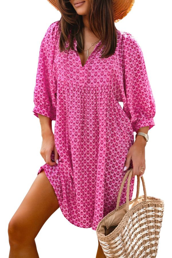 Womens Casual V Neck Summer Half Sleeve Bohemian Floral Mini Tunic Short Dresses