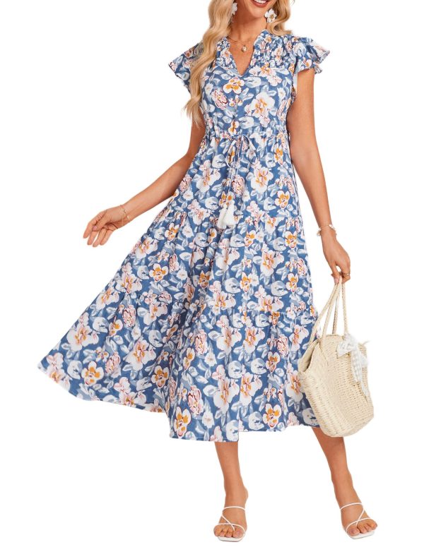 81Lk3COSbWL.jpg Womens Summer Floral Midi Dresses Short Sleeve Beach Wedding Guest Dress Drawstring Long Flowy Dress with Pockets