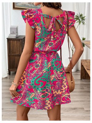 Women's Boho Print Tie Back Mini Dress Ruffle Cap Sleeve Crew Neck Vacation Dresses
