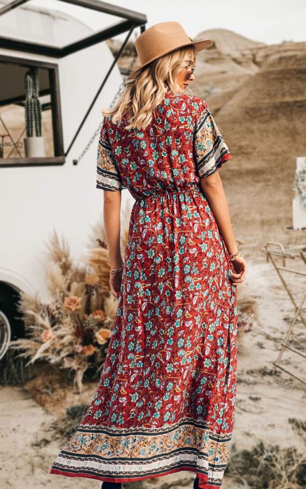 81O2FloMT5L.jpg Women's Summer Boho Floral Dress Casual Beach Vacation Sundress V Neck Short Sleeve Long Maxi Dresses